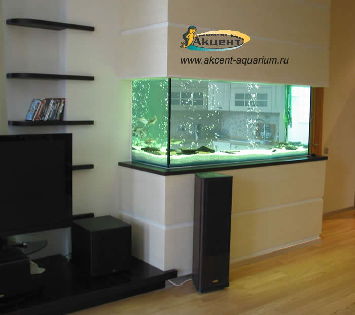 Акцент-аквариум, аквариум просмотровый 1000 литров, вид со стороны гостинной